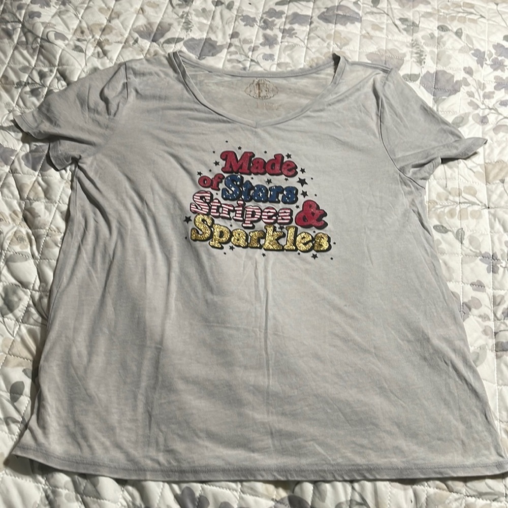 Made of Stars Stripes and Sparkles gray tshirt L